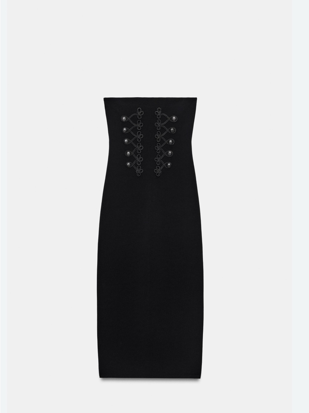 Zara Strapless Black Midi Dress with Embroidered Button Detail